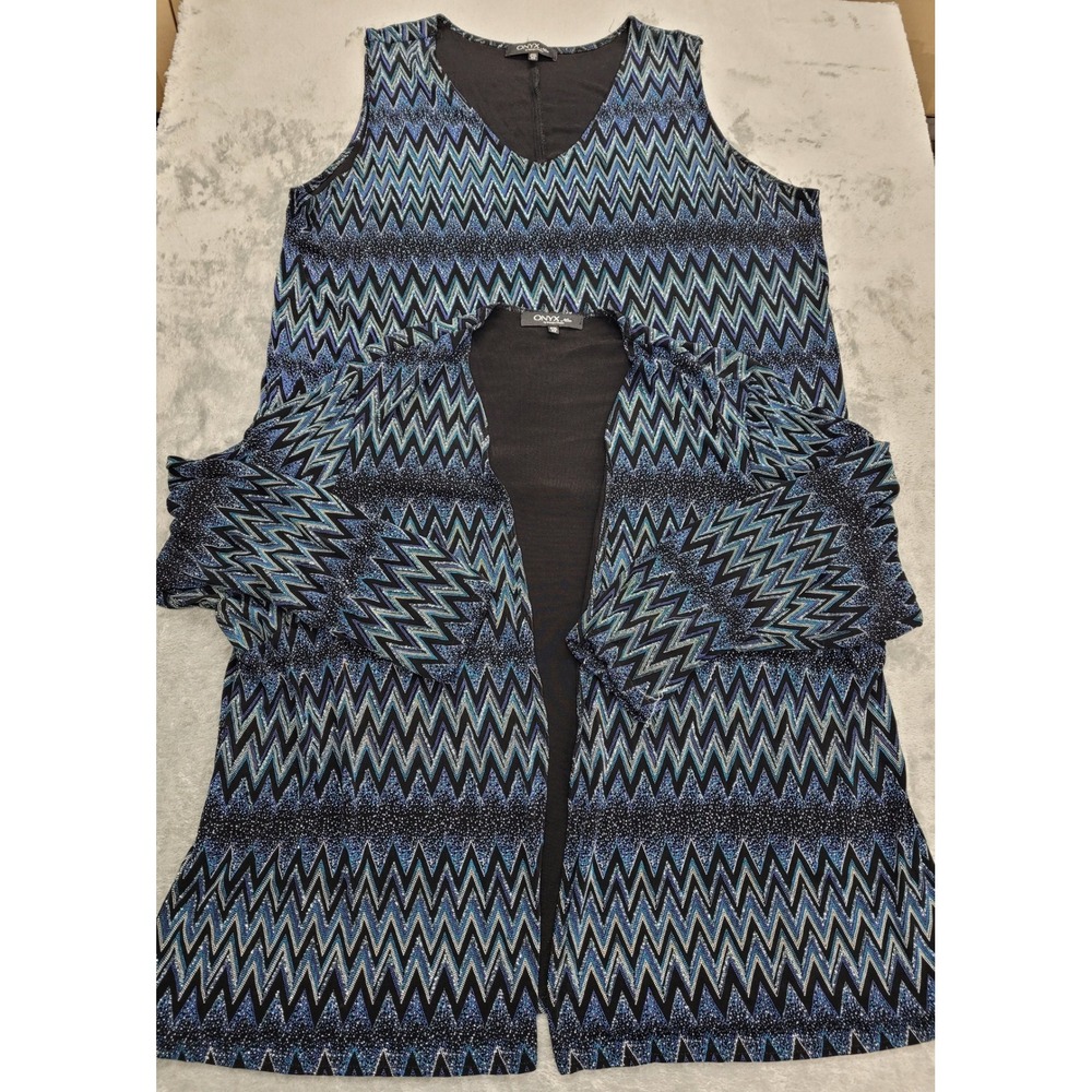 Onyx Nite 2pc Set‎ Women 3X Blue Black Metallic Chevron Tank Cardigan